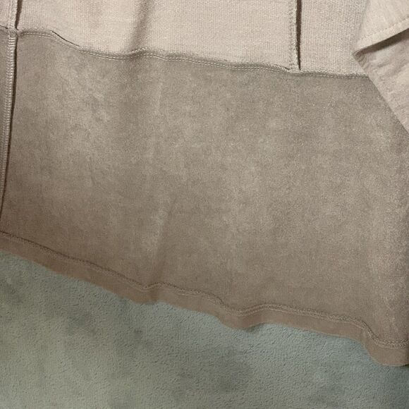 LOGO by Lori Goldstein Open Front Cardigan Large Beige Camel Suede Feel Hem - Picture 8 of 9